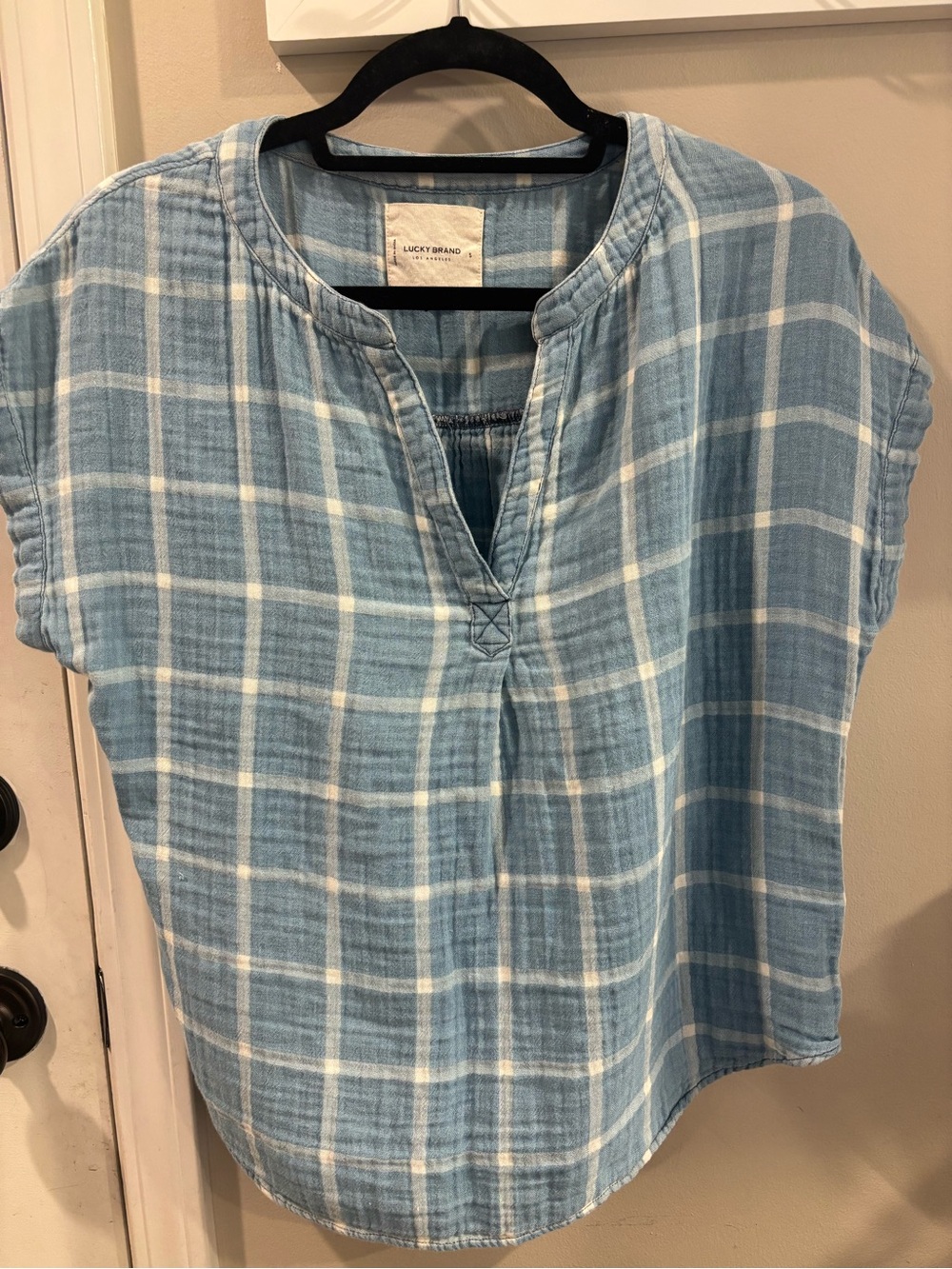 Lucky Brand Blue and White Plaid Split-Neck Tunic